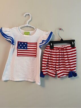 Classic Whimsy Patriotic Flag Tee & Striped Shorts Set - Red White Blue